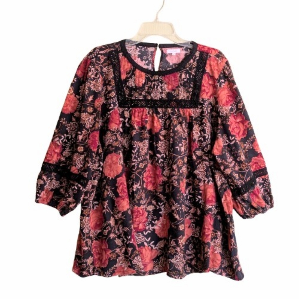 Maurices Floral Print Bohemian Flowy Top Blouse Orange Black Brown 2X Viscose